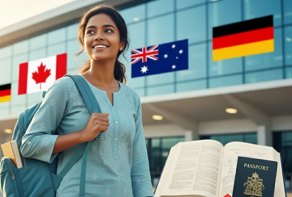 হালকা নীল কুর্তি পরা একজন তরুণী বাংলাদেশি নারী হাসিমুখে একটি ব্যাকপ্যাক নিয়ে দাঁড়িয়ে আছেন। তার পেছনে রয়েছে বিভিন্ন দেশের পতাকা যেমন কানাডা, অস্ট্রেলিয়া এবং জার্মানি। ছবির সামনের অংশে একটি ডিপ্লোমা, একটি পাসপোর্ট এবং একটি খোলা বই দেখা যাচ্ছে। দৃশ্যটি বিদেশে পড়াশোনার জন্য একজন শিক্ষার্থীর যাত্রাকে নির্দেশ করে।
