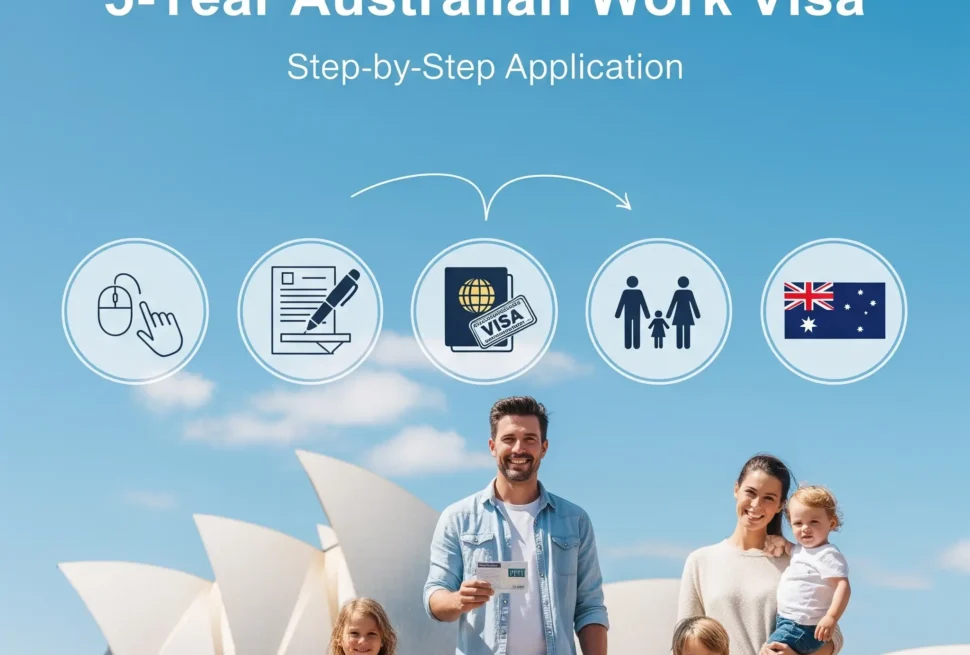 সিডনি অপেরা হাউসের সামনে একটি সুখী পরিবার, যেখানে ভিসা আবেদনের ধাপগুলো বোঝাতে আইকন ব্যবহার করা হয়েছে।