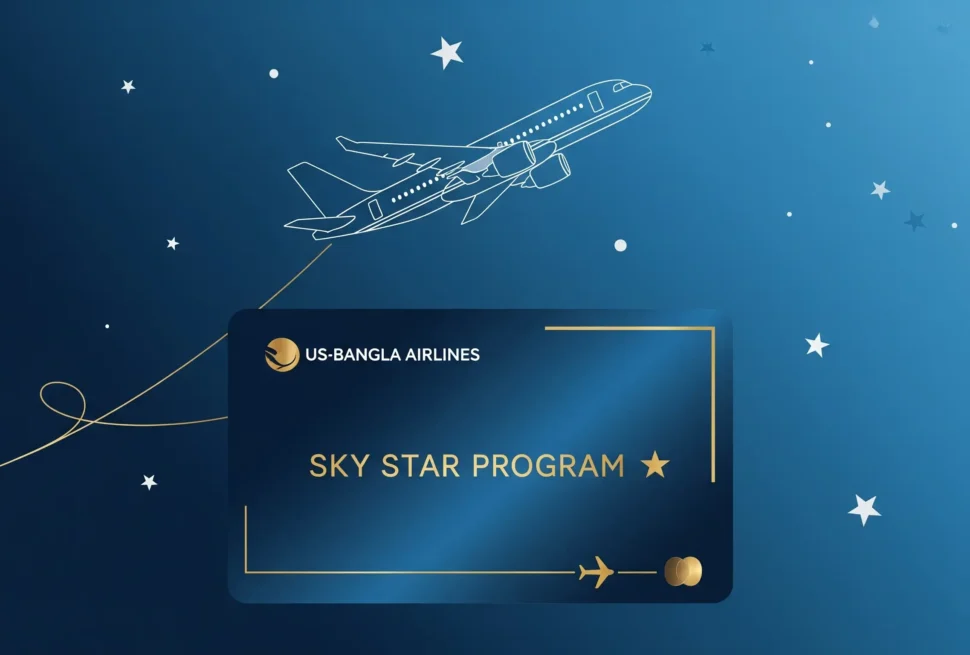 ইউএস-বাংলা এয়ারলাইন্সের স্কাই স্টার প্রোগ্রামের কার্ড এবং একটি উড়ন্ত বিমান