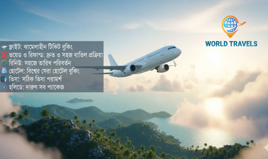 WorldTravels-এর লোগোসহ একটি বিমান মেঘের উপর দিয়ে উড়ে যাচ্ছে। নিচে সবুজ পাহাড় এবং সমুদ্র দেখা যাচ্ছে। ছবির বাম পাশে WorldTravels-এর পরিষেবাগুলো উল্লেখ করা আছে, যেমন: ফ্লাইট টিকেট, হোটেল বুকিং, ভিসা পরামর্শ এবং হলিডে প্যাকেজ।