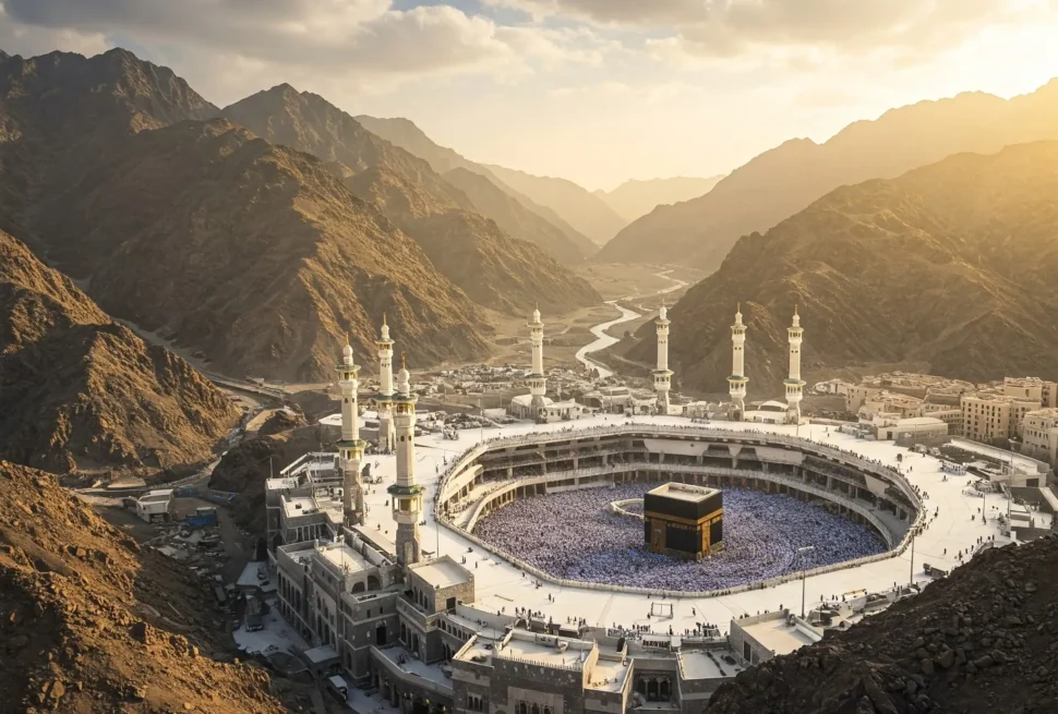 কাবা শরীফের চারপাশে হাজার হাজার মানুষ তাওয়াফ করছে, চারদিকে সুউচ্চ পাহাড় এবং মেঘে ঢাকা সোনালি আকাশ।