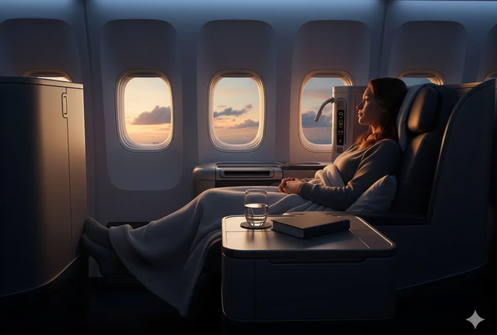 প্লেনের ভেতরে একটি আরামদায়ক আসনে বসা যাত্রী, বাইরের জানালা দিয়ে সূর্যাস্ত দেখা যাচ্ছে।