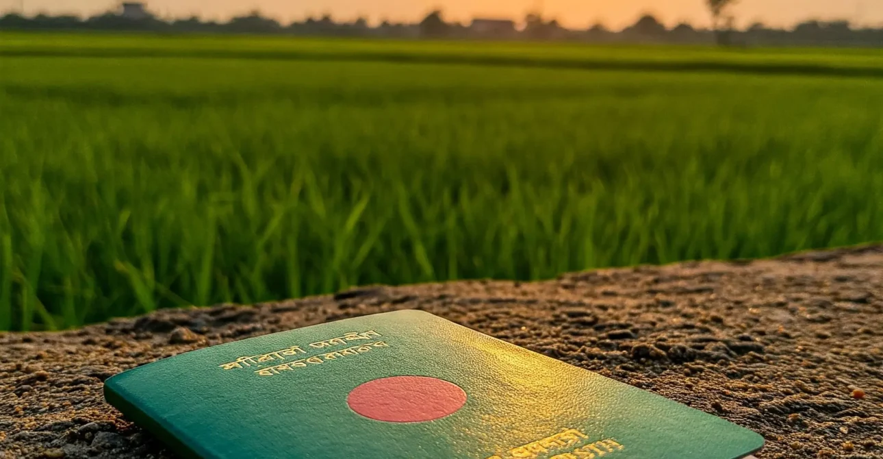 একটি পাসপোর্ট, যার উপর 'গণপ্রজাতন্ত্রী বাংলাদেশ' লেখা আছে, সূর্যাস্তের সময় একটি ধানক্ষেতের পাশে বালির উপর রাখা।