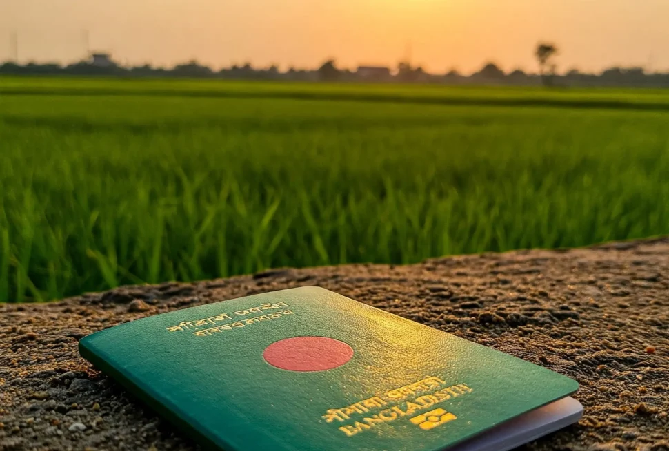 একটি পাসপোর্ট, যার উপর 'গণপ্রজাতন্ত্রী বাংলাদেশ' লেখা আছে, সূর্যাস্তের সময় একটি ধানক্ষেতের পাশে বালির উপর রাখা।