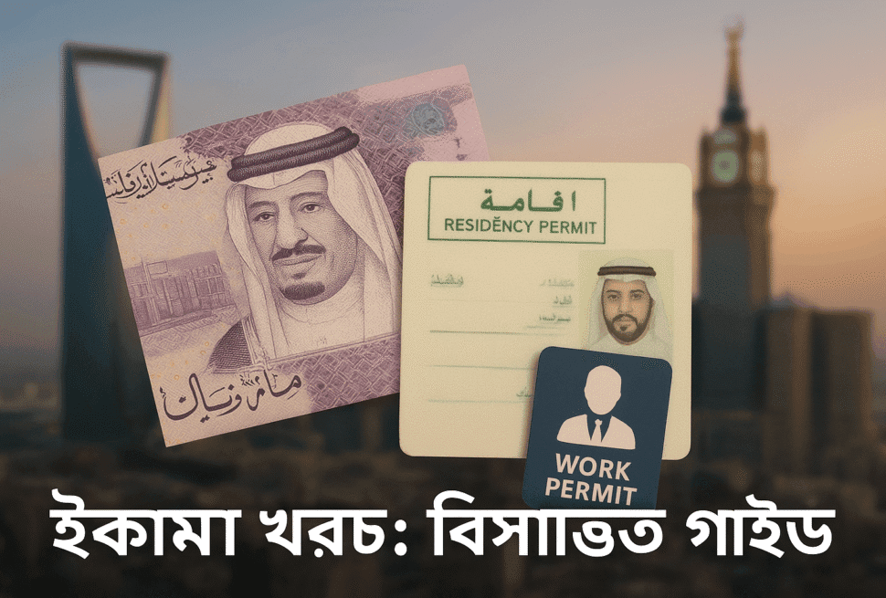 সৌদি আরবের একটি রিয়াল নোট, একটি ইকামা (রেসিডেন্সি পারমিট) কার্ড এবং একটি 'ওয়ার্ক পারমিট' কার্ডের ছবি। ব্যাকগ্রাউন্ডে সৌদি আরবের একটি শহরের অস্পষ্ট আকাশচুম্বী ভবন দেখা যাচ্ছে। ছবির নিচে বাংলায় লেখা আছে: "ইকামা খরচ: বিস্তারিত গাইড"।