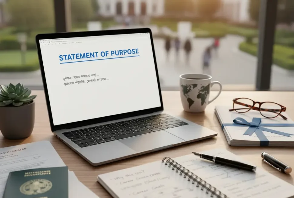 টেবিলে রাখা একটি ল্যাপটপ, যাতে "STATEMENT OF PURPOSE" লেখা একটি নথি খোলা রয়েছে। আশেপাশে একটি নোটবুক, চশমা, কলম, কফি মগ ও পাসপোর্ট রয়েছে। ল্যাপটপের পেছনের জানালা দিয়ে একটি সুন্দর বিশ্ববিদ্যালয় ক্যাম্পাস দেখা যাচ্ছে।