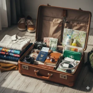 বিদেশ ভ্রমণের জন্য প্যাকিং, গোছানো স্যুটকেসে পাসপোর্ট ও জিনিসপত্র 