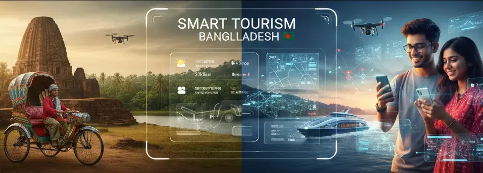বাংলাদেশের প্রাকৃতিক ঐতিহ্য (যেমন মন্দির, রিকশা) এবং আধুনিক প্রযুক্তি (যেমন ড্রোন, ডিজিটাল ড্যাশবোর্ড, স্মার্টফোন ব্যবহারকারী) এর সমন্বয়ে বাংলাদেশের স্মার্ট ট্যুরিজম-এর ভবিষ্যৎ চিত্র।