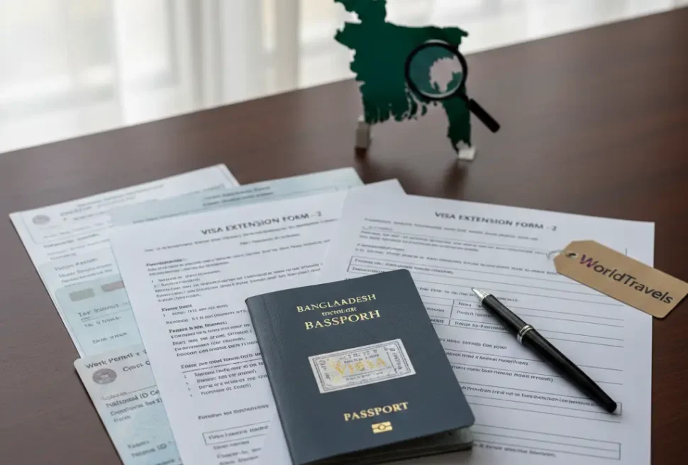 ভিসা এক্সটেনশন ডকুমেন্টস সহ বাংলাদেশ পাসপোর্ট, ভিসা এক্সটেনশন ফর্ম-২, ওয়ার্ক পারমিট এবং অন্যান্য কাগজপত্র। বাংলাদেশের ভিসা প্রক্রিয়া ও ফরেনার্স রেজিস্ট্রেশন সংক্রান্ত নির্দেশিকা।