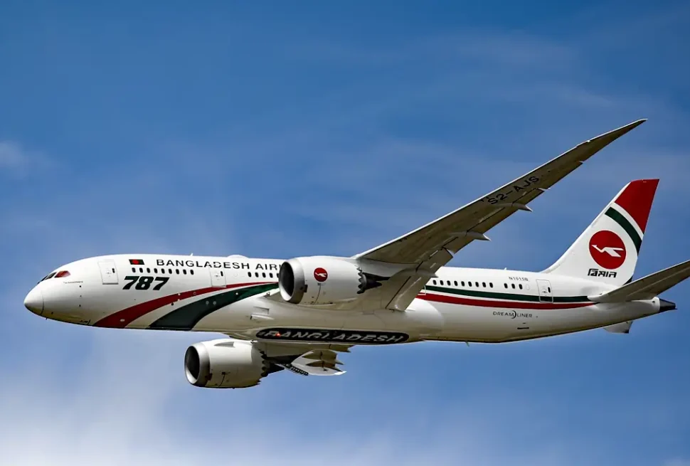 আকাশে উড়ন্ত বিমান বাংলাদেশ এয়ারলাইন্সের বোয়িং ৭৮৭ ড্রিমলাইনার।