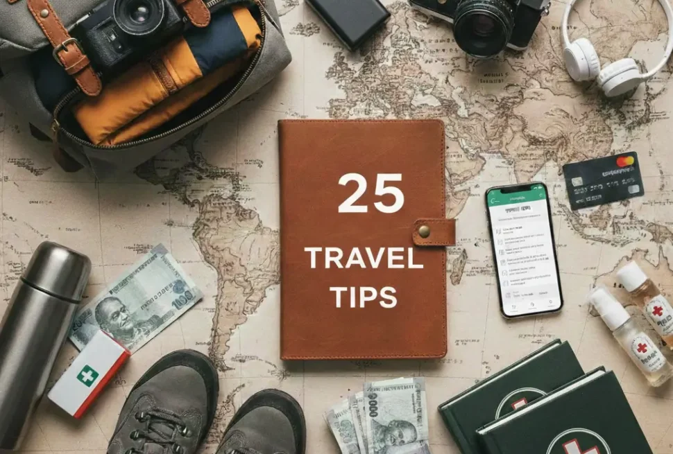 ভ্রমণের ২৫টি টিপস সম্বলিত ট্রাভেল ব্যাগ, মানচিত্র, ক্যামেরা এবং ভ্রমণের প্রয়োজনীয় সরঞ্জাম।